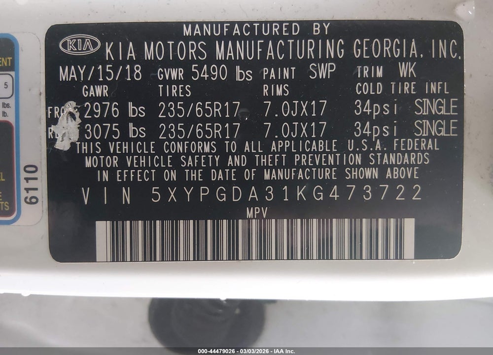 2019 KIA SORENTO 2.4L LX VIN: 5XYPGDA31KG473722