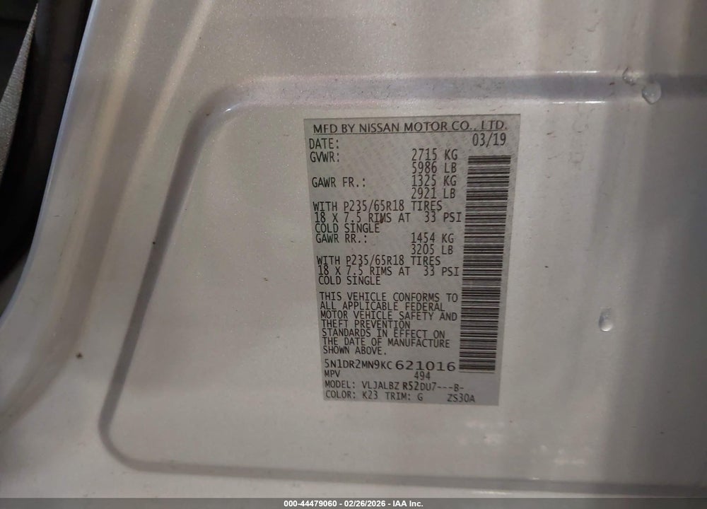 2019 NISSAN PATHFINDER S VIN: 5N1DR2MN9KC621016