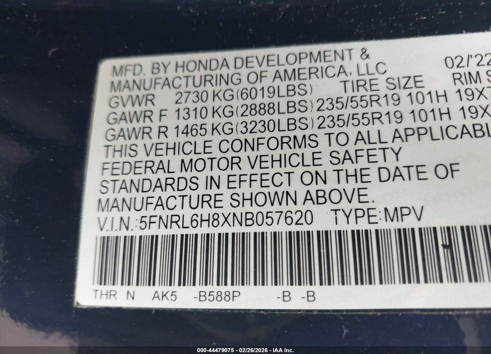 2022 HONDA ODYSSEY TOURING VIN: 5FNRL6H8XNB057620