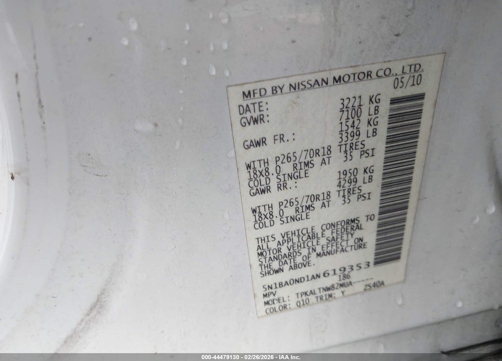 2010 NISSAN ARMADA SE VIN: 5N1BA0ND1AN619353