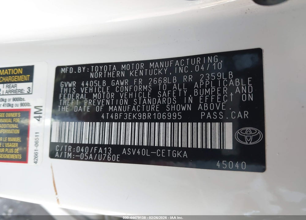 2011 TOYOTA CAMRY XLE VIN: 4T4BF3EK9BR106995
