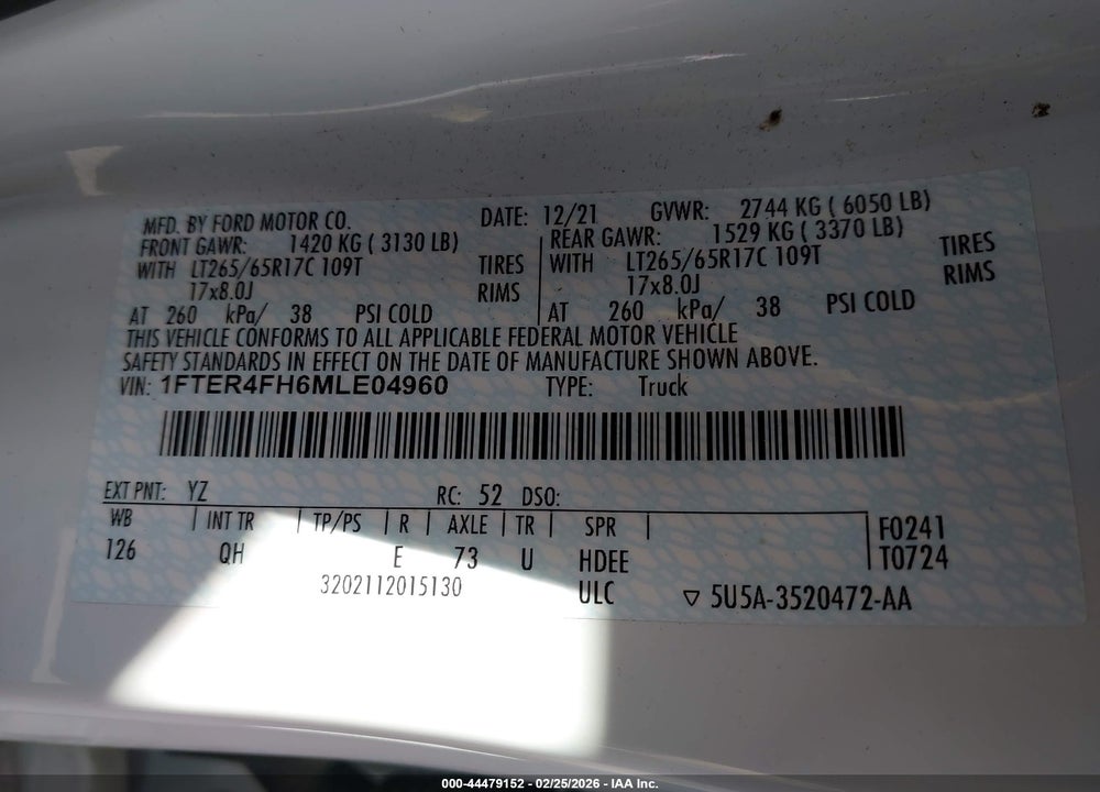 2021 FORD RANGER XL VIN: 1FTER4FH6MLE04960