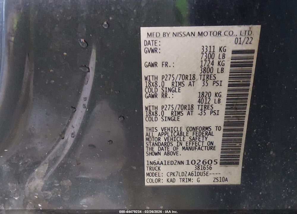 2022 NISSAN TITAN PRO-4X 4X4 VIN: 1N6AA1ED2NN102605