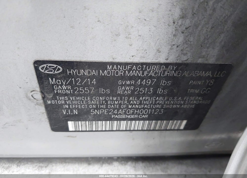 2015 HYUNDAI SONATA SE VIN: 5NPE24AF0FH001123