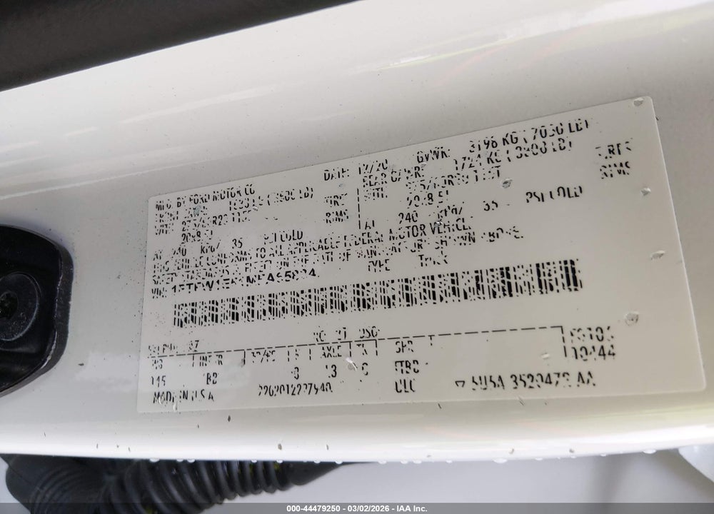 2021 FORD F-150 PLATINUM VIN: 1FTFW1E51MFA65834