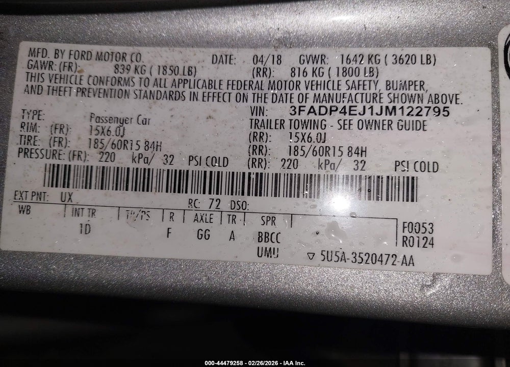 2018 FORD FIESTA SE VIN: 3FADP4EJ1JM122795