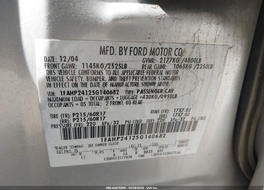 2005 FORD FIVE HUNDRED SEL VIN: 1FAHP24125G140682