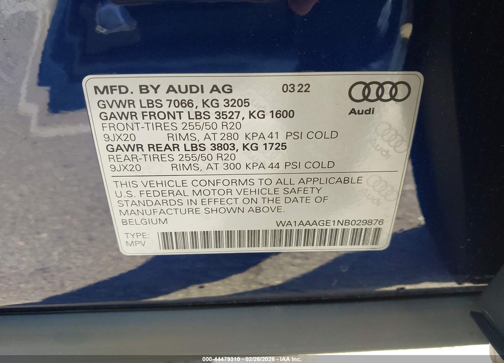 2022 AUDI E-TRON PREMIUM QUATTRO VIN: WA1AAAGE1NB029876