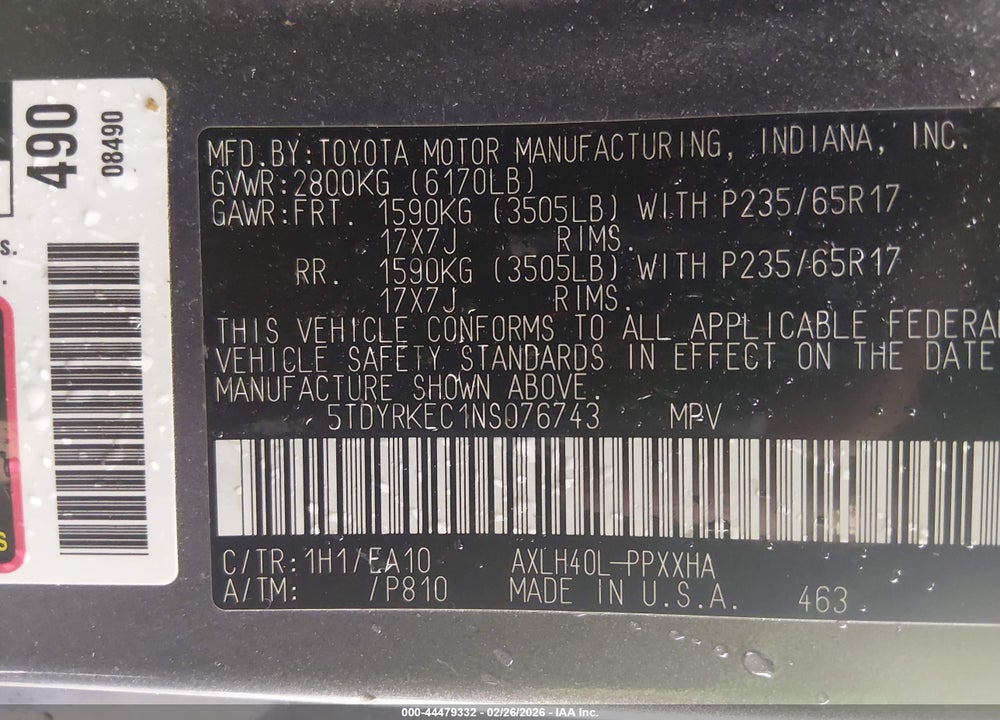 2022 TOYOTA SIENNA XLE VIN: 5TDYRKEC1NS076743