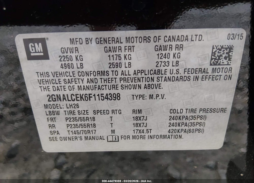 2015 CHEVROLET EQUINOX 2LT VIN: 2GNALCEK6F1154398