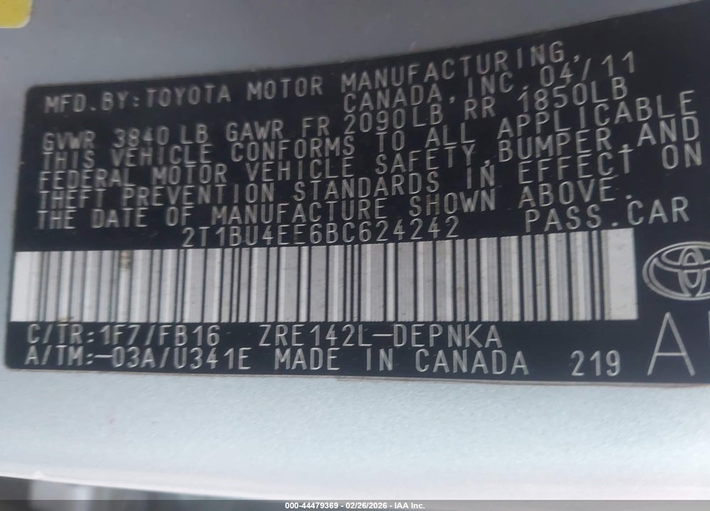 2011 TOYOTA COROLLA LE VIN: 2T1BU4EE6BC624242