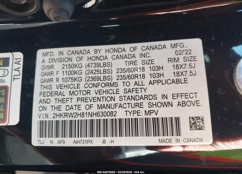 2022 HONDA CR-V AWD EX-L VIN: 2HKRW2H81NH630082