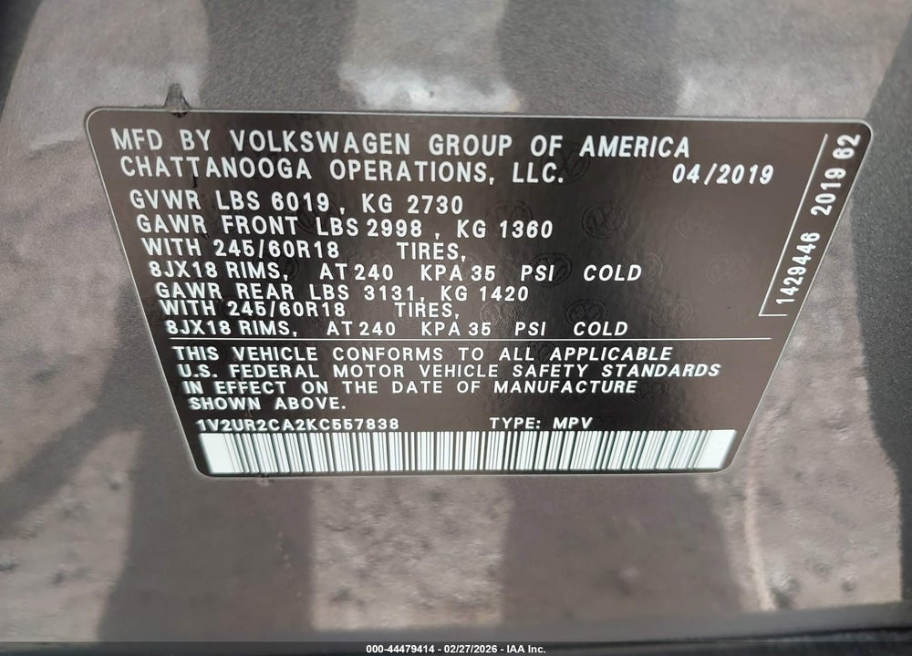 2019 VOLKSWAGEN ATLAS 3.6L V6 SE W/TECHNOLOGY VIN: 1V2UR2CA2KC557838