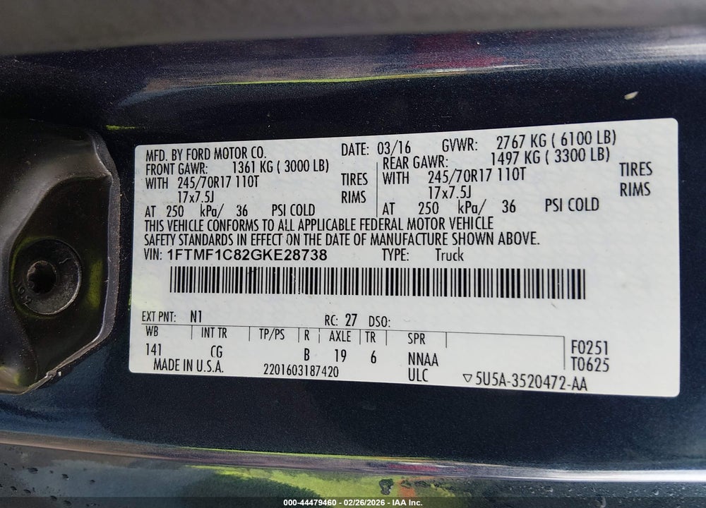 2016 FORD F-150 XL VIN: 1FTMF1C82GKE28738