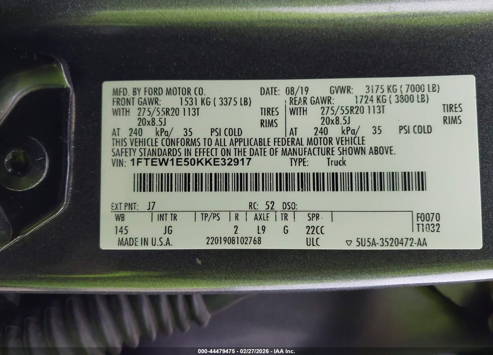 2019 FORD F-150 XL VIN: 1FTEW1E50KKE32917
