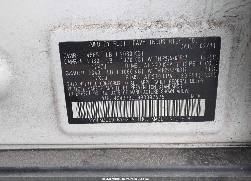 2011 SUBARU OUTBACK 2.5I LIMITED VIN: 4S4BRBLC9B3397575