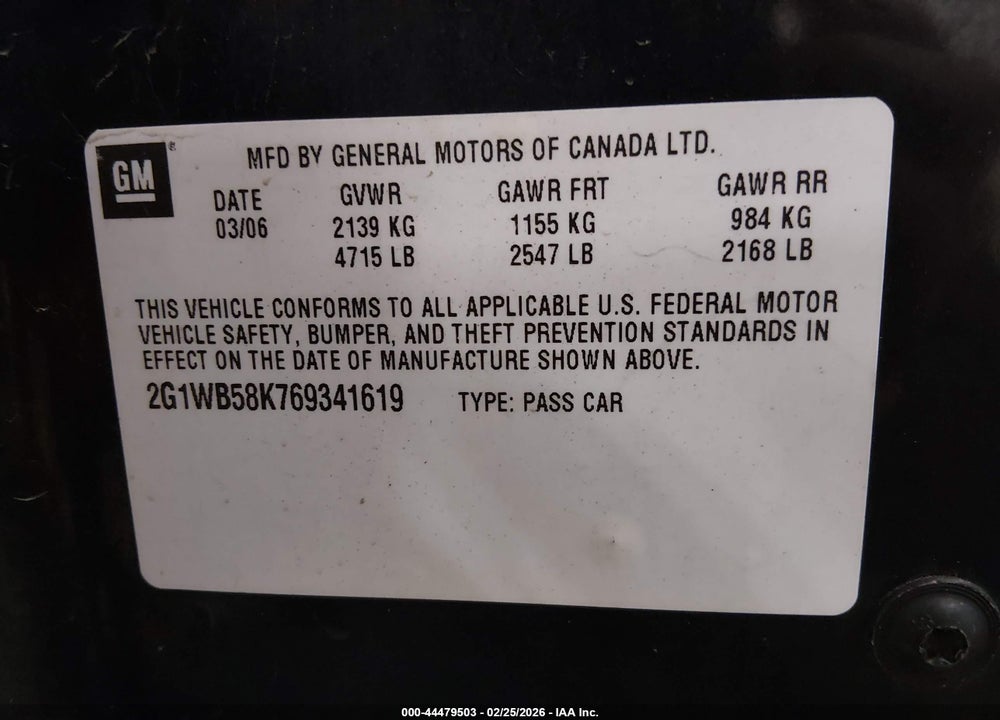 2006 CHEVROLET IMPALA LS VIN: 2G1WB58K769341619
