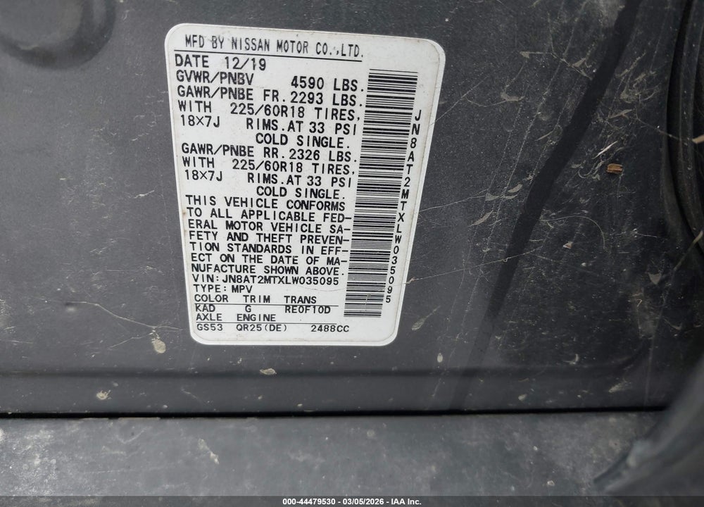 2020 NISSAN ROGUE SV FWD VIN: JN8AT2MTXLW035095