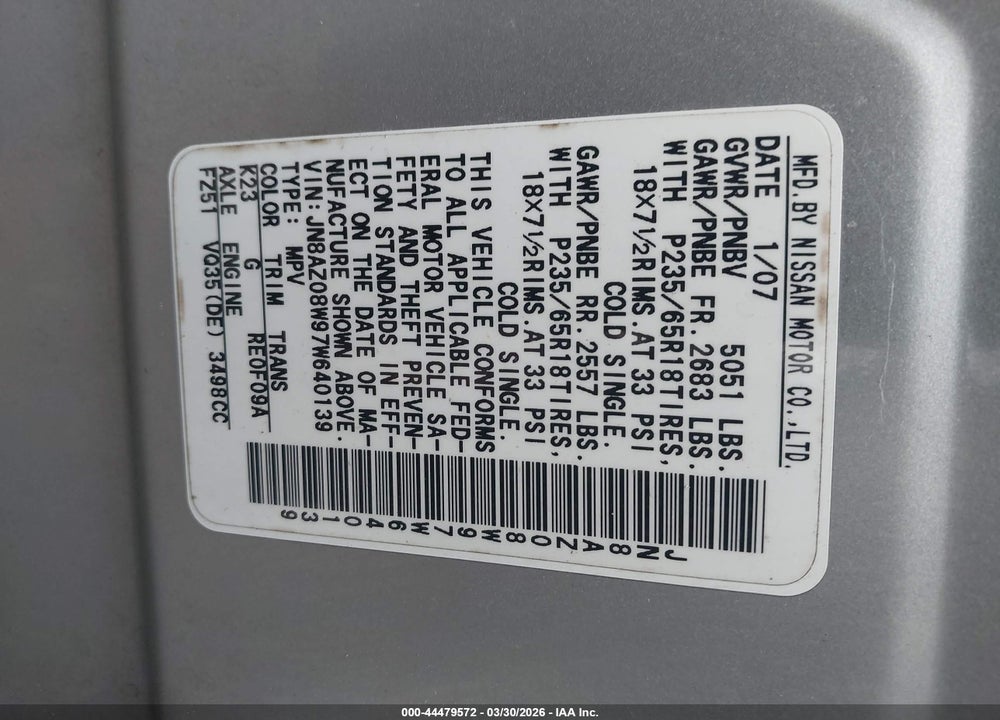 2007 NISSAN MURANO S VIN: JN8AZ08W97W640139