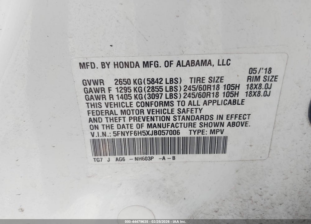 2018 HONDA PILOT EX-L VIN: 5FNYF6H5XJB057006