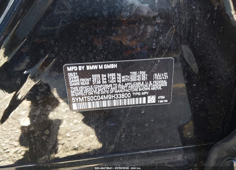 2021 BMW X3 M VIN: 5YMTS0C04M9H33800