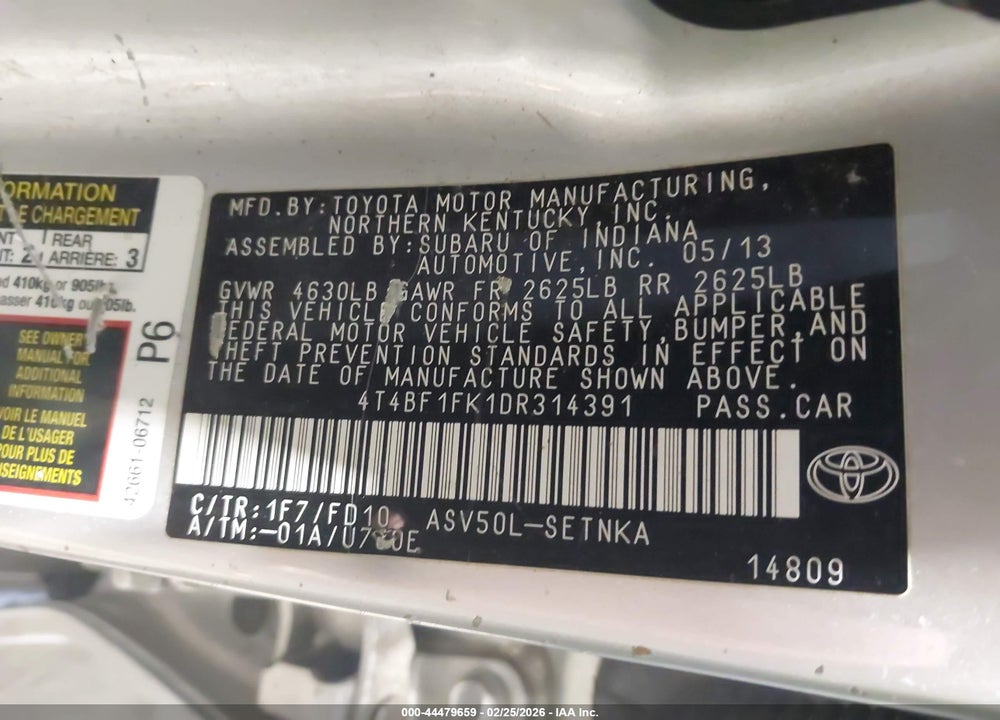2013 TOYOTA CAMRY LE VIN: 4T4BF1FK1DR314391