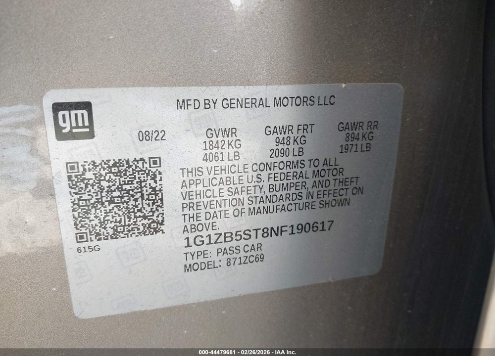 2022 CHEVROLET MALIBU FWD LS VIN: 1G1ZB5ST8NF190617