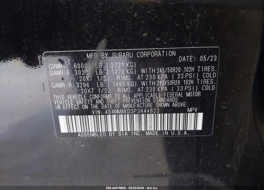 2023 SUBARU ASCENT ONYX EDITION LIMITED 7-PASSENGER VIN: 4S4WMAKD3P3444823