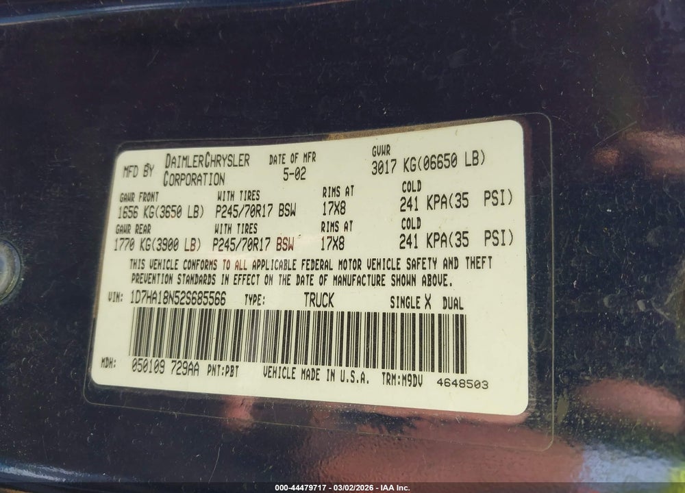 2002 DODGE RAM 1500 ST VIN: 1D7HA18N52S685566