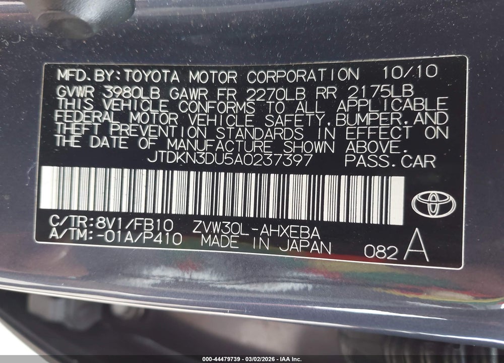 2010 TOYOTA PRIUS III VIN: JTDKN3DU5A0237397