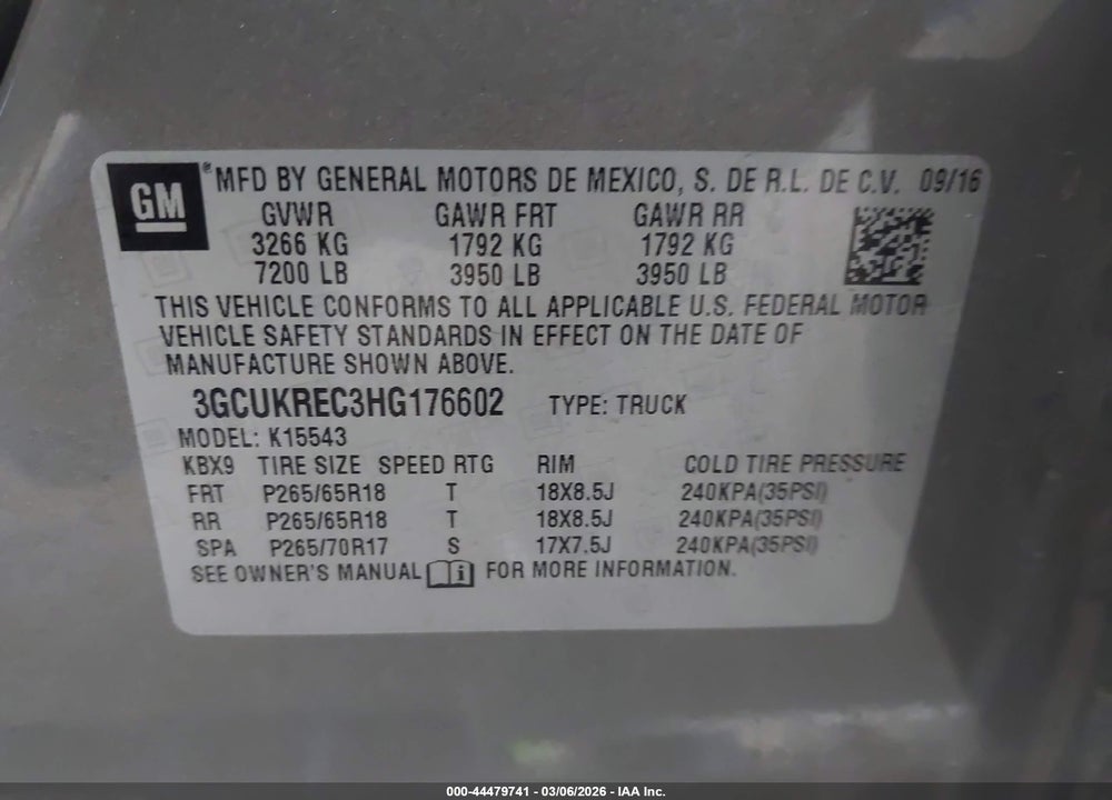 2017 CHEVROLET SILVERADO 1500 1LT VIN: 3GCUKREC3HG176602