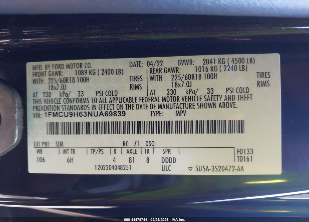 2022 FORD ESCAPE SEL VIN: 1FMCU9H63NUA69839