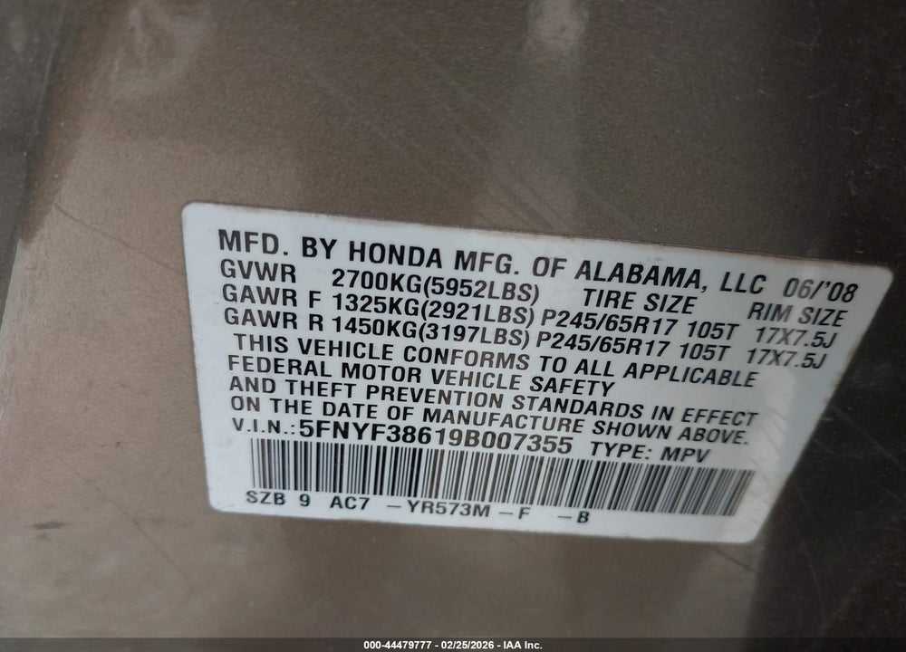 2009 HONDA PILOT EX-L VIN: 5FNYF38619B007355