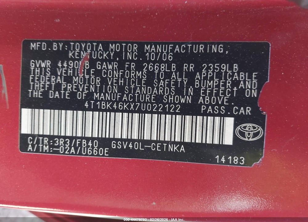 2007 TOYOTA CAMRY LE V6 VIN: 4T1BK46KX7U022122