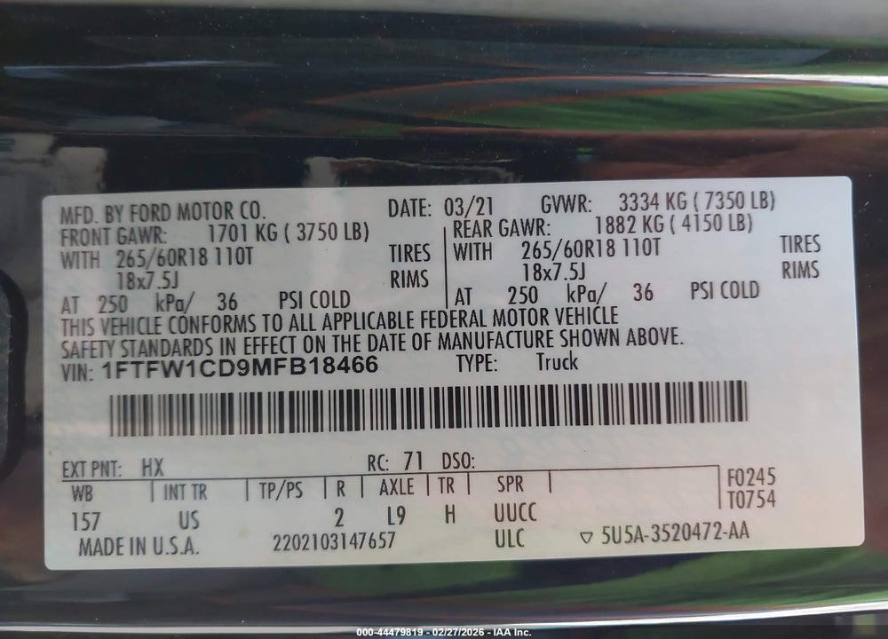 2021 FORD F-150 XLT VIN: 1FTFW1CD9MFB18466
