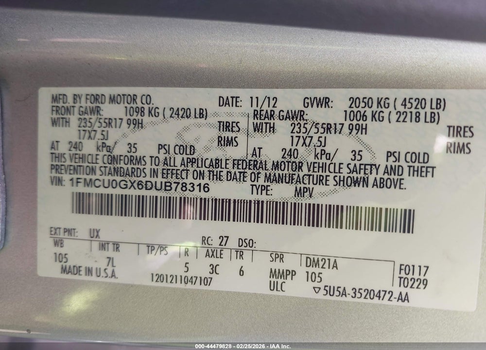 2013 FORD ESCAPE SE VIN: 1FMCU0GX6DUB78316