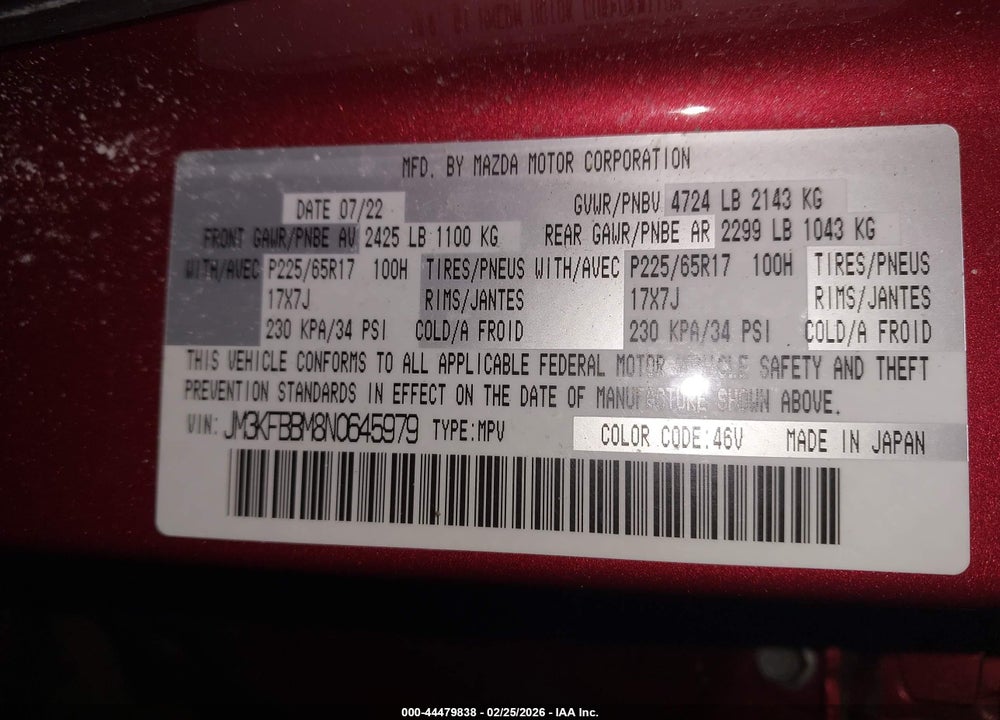2022 MAZDA CX-5 2.5 S SELECT VIN: JM3KFBBM8N0645979