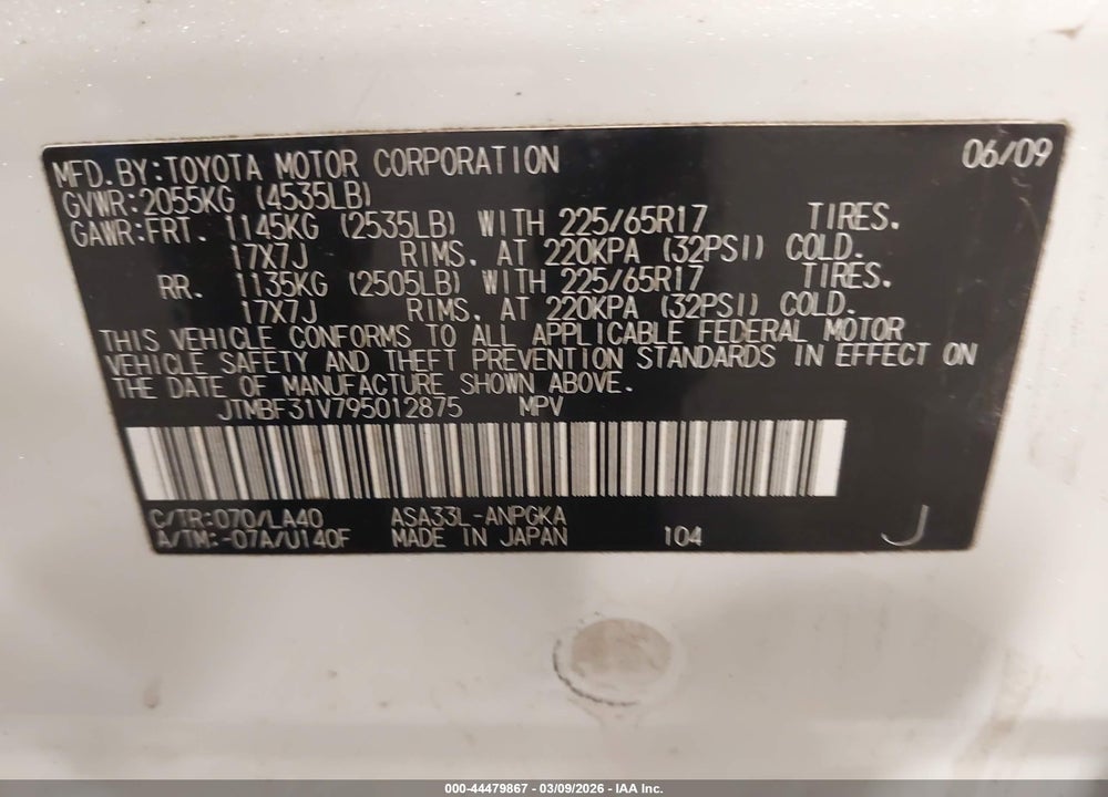 2009 TOYOTA RAV4 LIMITED VIN: JTMBF31V795012875