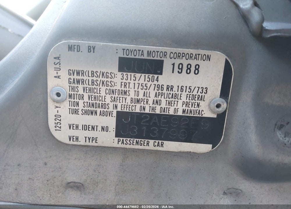 1988 TOYOTA COROLLA DLX VIN: JT2AE92E9J3137997