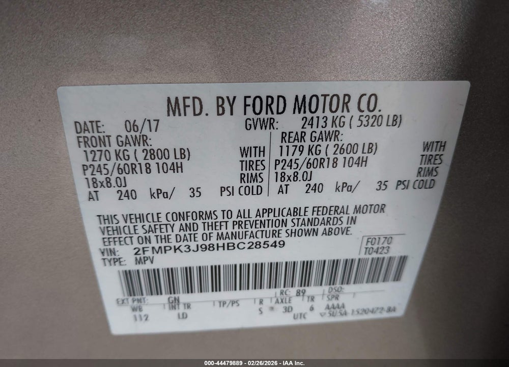 2017 FORD EDGE SEL VIN: 2FMPK3J98HBC28549