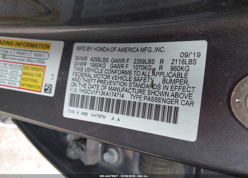 2019 HONDA ACCORD LX VIN: 1HGCV1F13KA174714