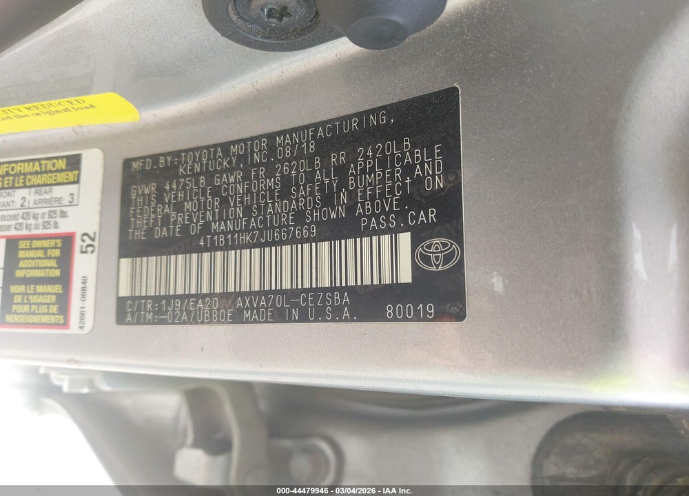 2018 TOYOTA CAMRY SE VIN: 4T1B11HK7JU667669