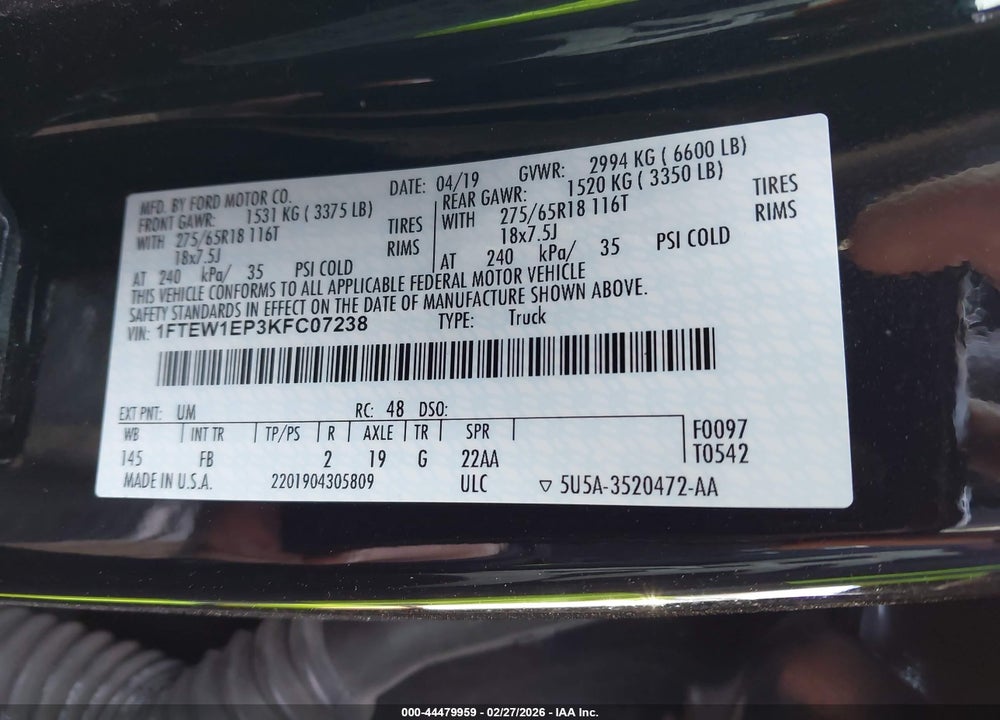 2019 FORD F-150 XLT VIN: 1FTEW1EP3KFC07238