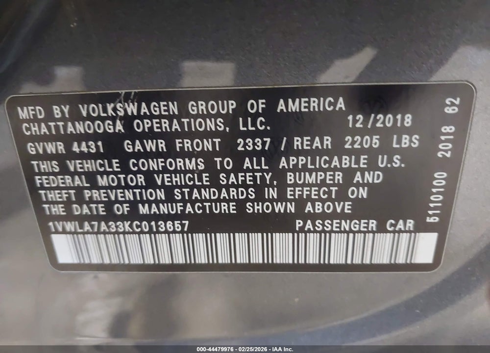 2019 VOLKSWAGEN PASSAT 2.0T WOLFSBURG EDITION VIN: 1VWLA7A33KC013657