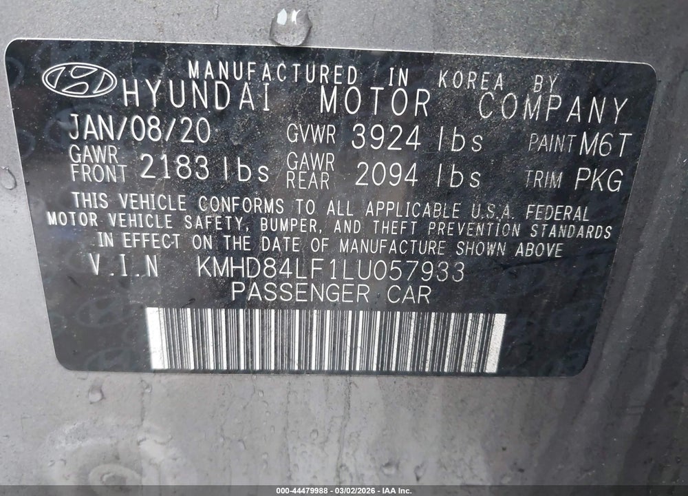 2020 HYUNDAI ELANTRA SEL VIN: KMHD84LF1LU057933