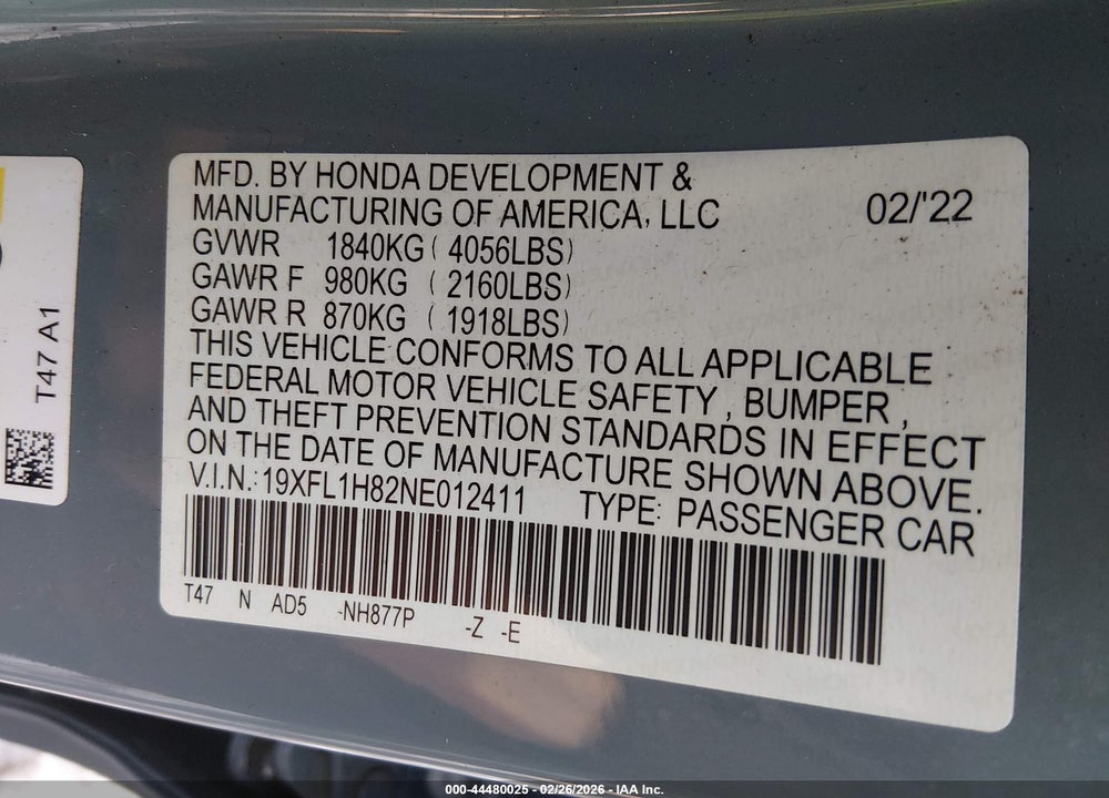 2022 HONDA CIVIC SPORT TOURING VIN: 19XFL1H82NE012411