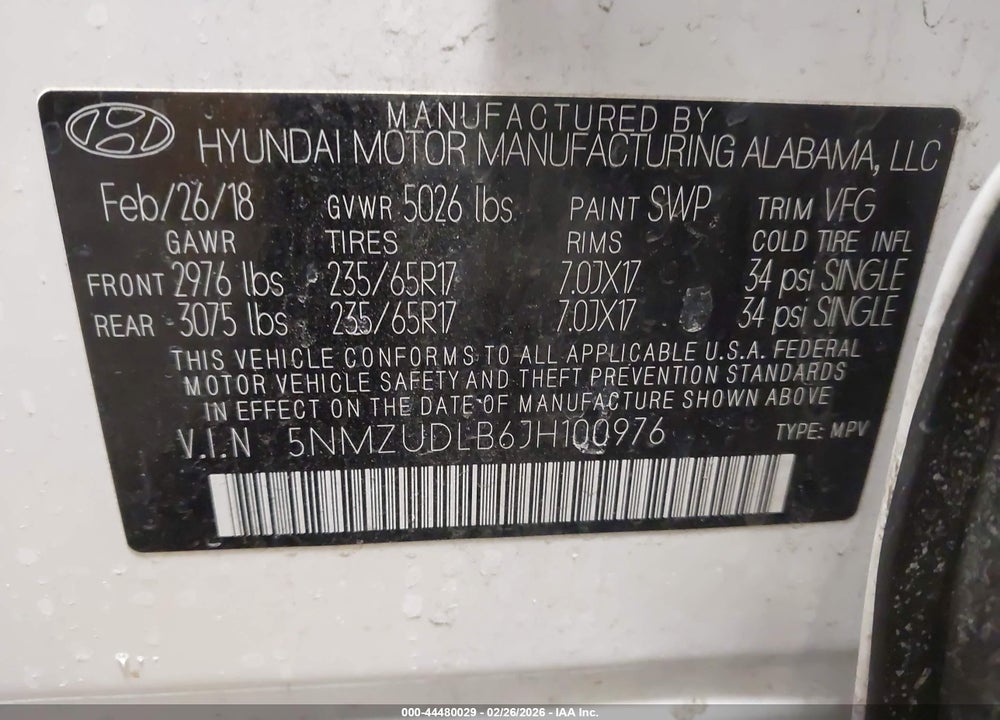 2018 HYUNDAI SANTA FE SPORT 2.4L VIN: 5NMZUDLB6JH100976
