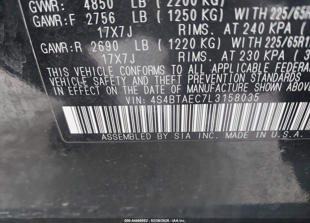 2020 SUBARU OUTBACK PREMIUM VIN: 4S4BTAEC7L3158035