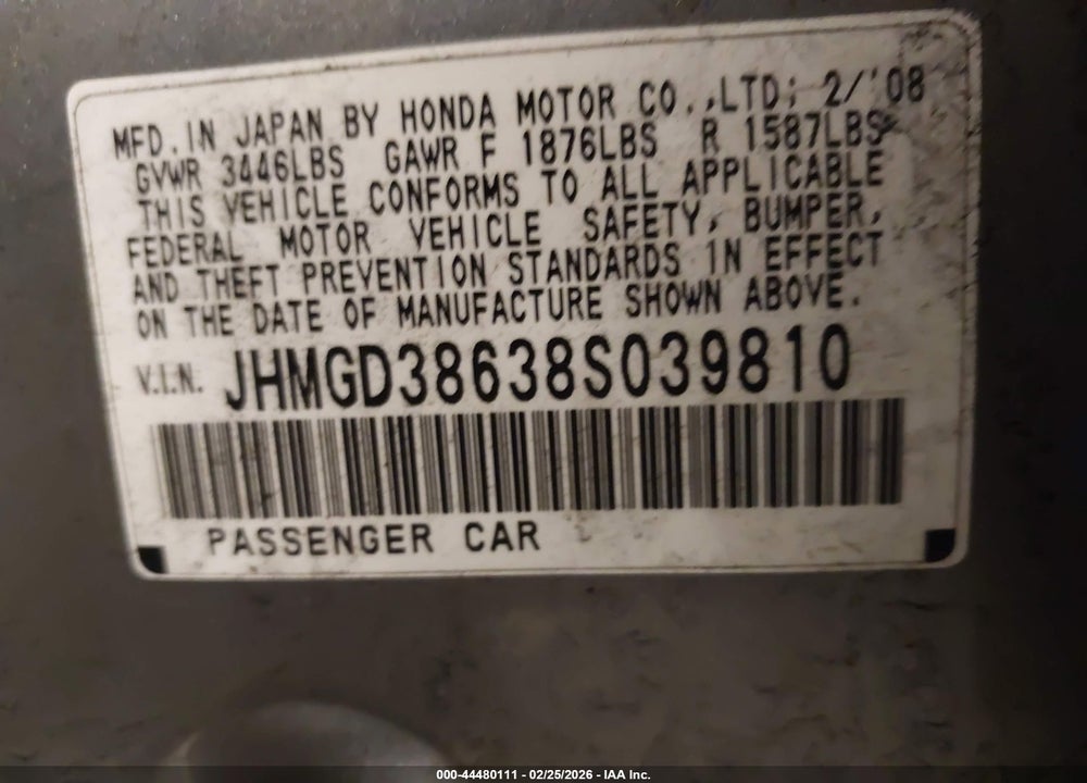 2008 HONDA FIT SPORT VIN: JHMGD38638S039810