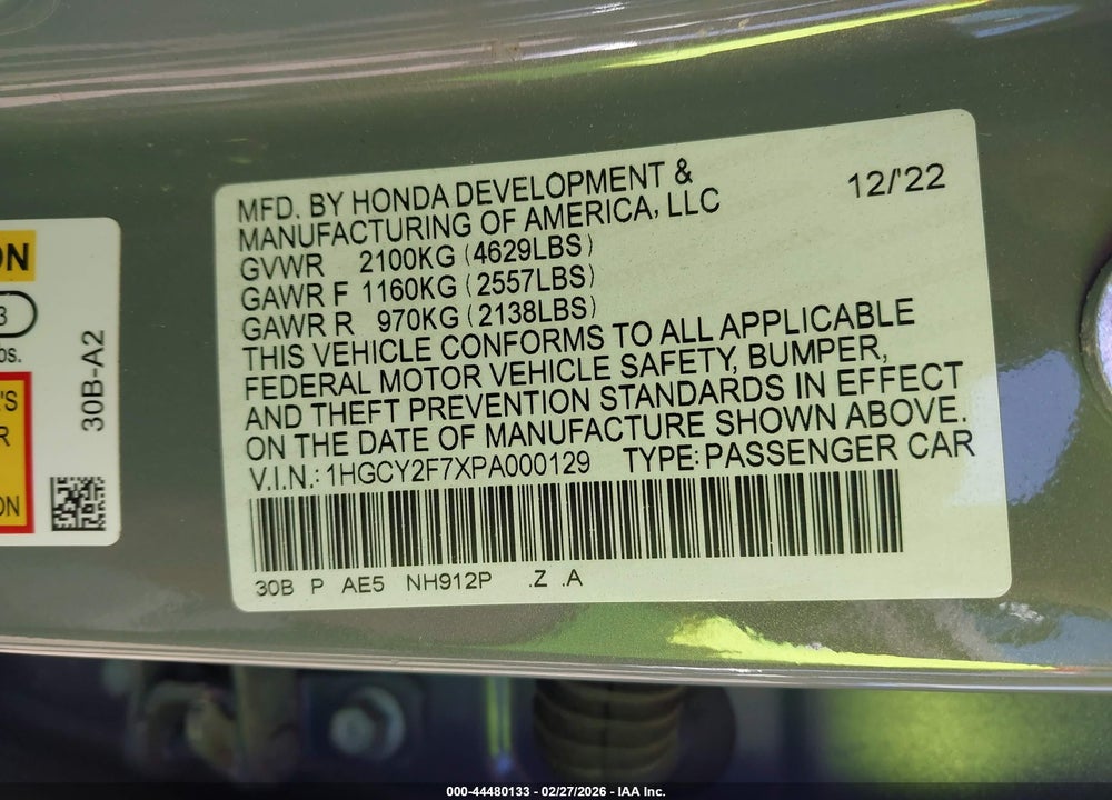 2023 HONDA ACCORD HYBRID SPORT-L VIN: 1HGCY2F7XPA000129
